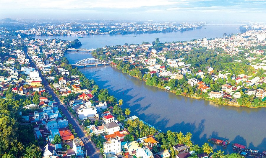Aerial view of Dong Nai with the river running through the urban area