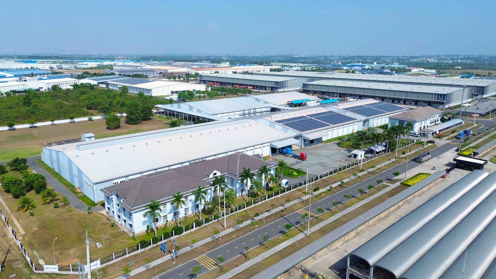 Aerial view of an operating manufacturing campus at Giang Dien Industrial Park